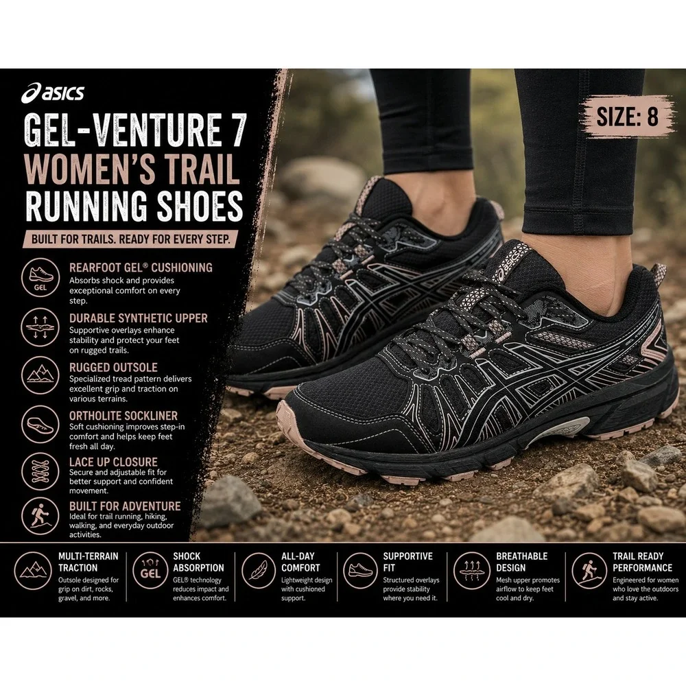ASICS Gel-Venture 7 Womens Size 8 Black Athletic Trail Running Sneakers 1012A983